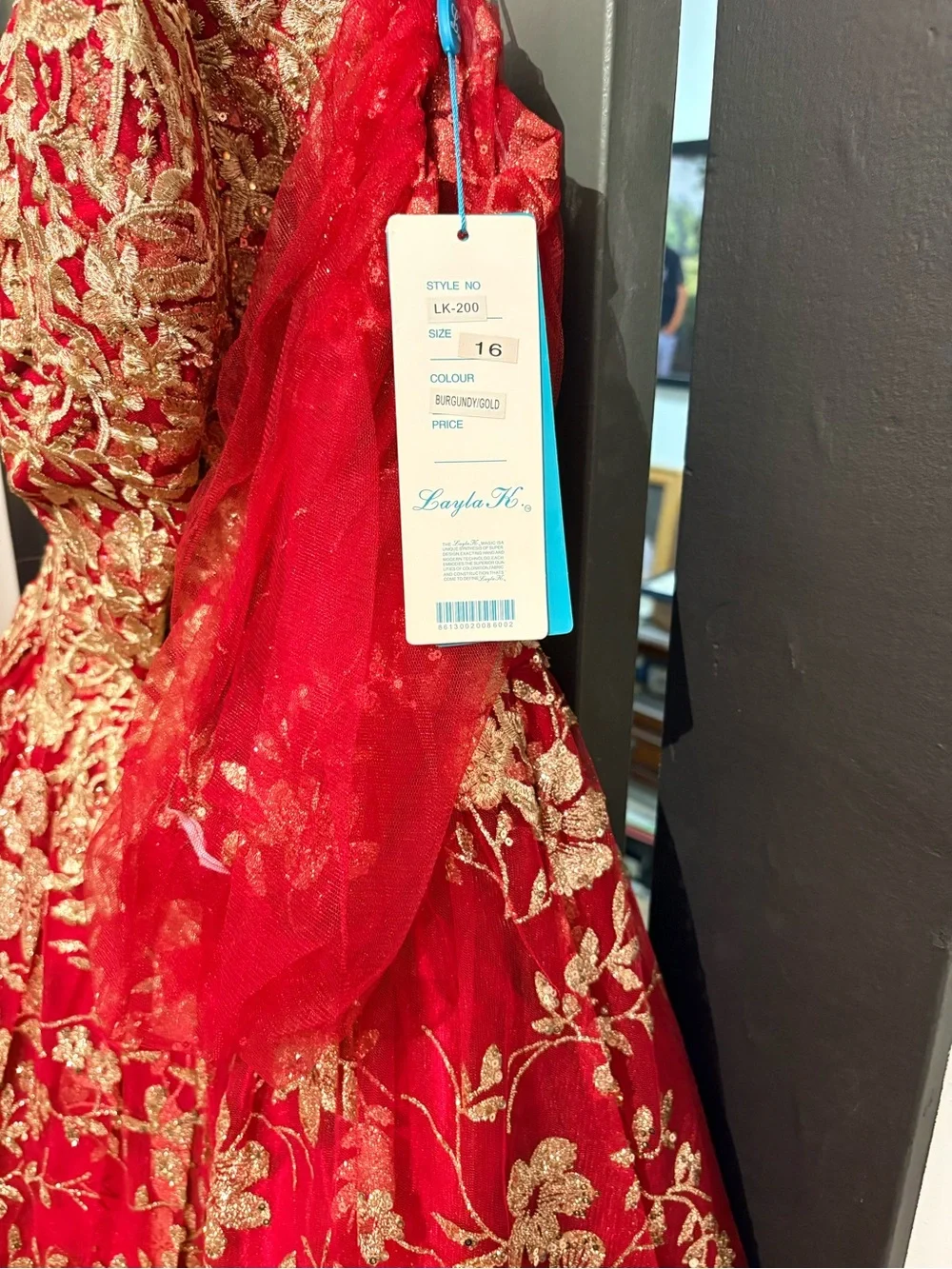 Layla K red Embroidered Ball Gown Dress with Gold Floral Appliqué